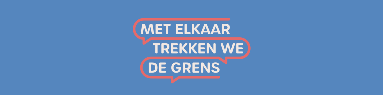 Header met het logo van 'Met elkaar trekken we de grens'. De achtergrond is blauw. Het logo is blauw en beige.